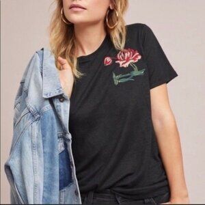 Anthropologie TINY Size Small Black 100% Linen Floral Embroidered T-Shirt